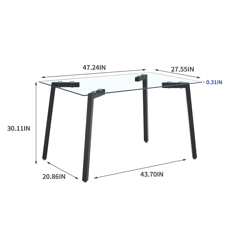 Glass Dining Table Modern Minimalist Rectangle Table for 4 Tempered Glass Tabletop with Metal Legs for Kitchens,Restaurants