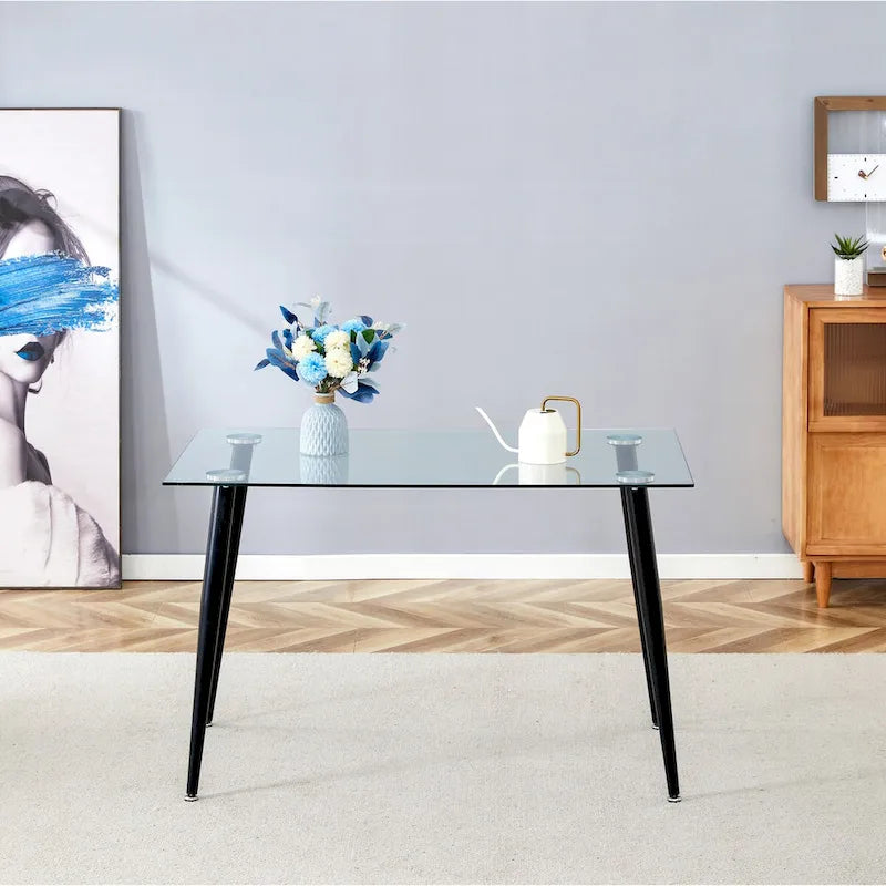 Glass Dining Table Modern Minimalist Rectangle Table for 4 Tempered Glass Tabletop with Metal Legs for Kitchens,Restaurants