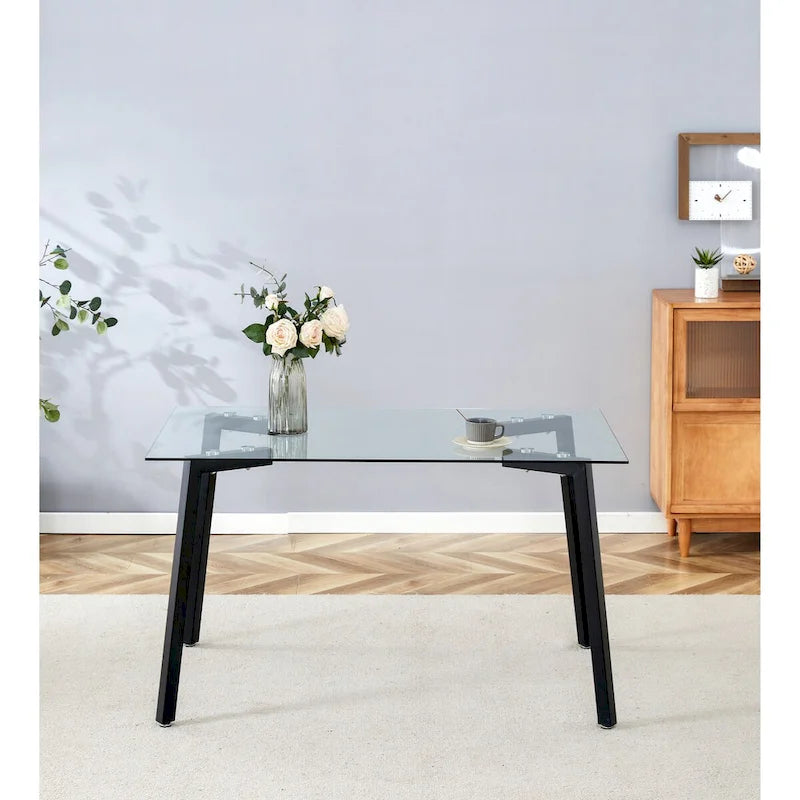 Glass Dining Table Modern Minimalist Rectangle Table for 4 Tempered Glass Tabletop with Metal Legs for Kitchens,Restaurants