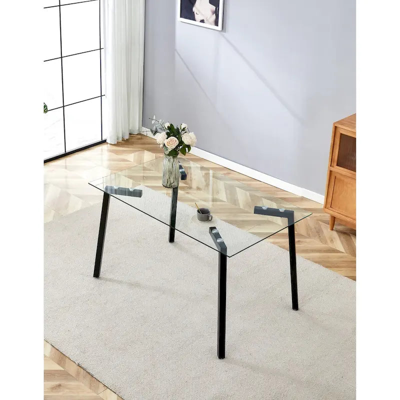 Glass Dining Table Modern Minimalist Rectangle Table for 4 Tempered Glass Tabletop with Metal Legs for Kitchens,Restaurants